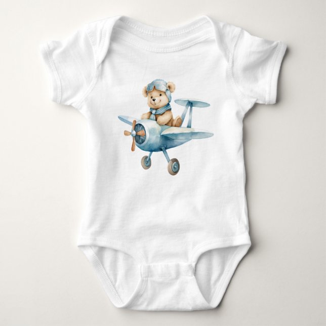 Cute Happy Blue Bear Pilot Boys Baby Bodysuit (Front)