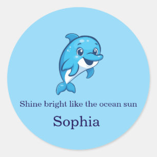 Cute Happy Blue Dolphin Cartoon Sea Creature Classic Round Sticker