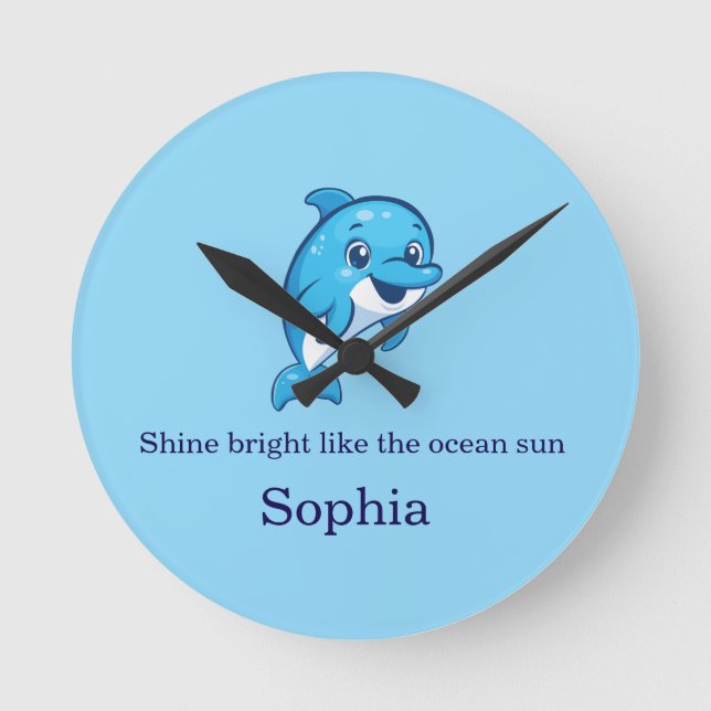 Cute Happy Blue Dolphin Cartoon Sea Creature Round Clock (Front)