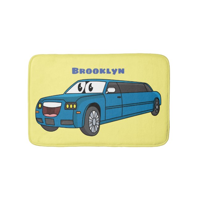 Cute happy blue Limousine cartoon car Bath Mat (Front)