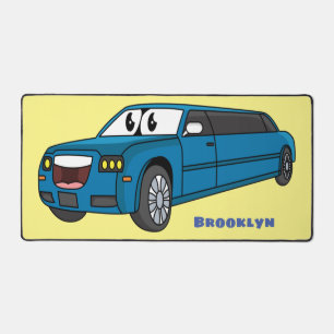Cute happy blue Limousine cartoon car Desk Mat