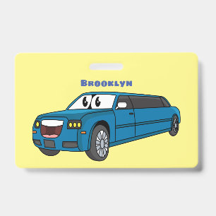 Cute happy blue Limousine cartoon car ID Badge