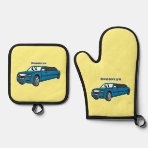 Cute happy blue Limousine cartoon car Oven Mitt & Pot Holder Set