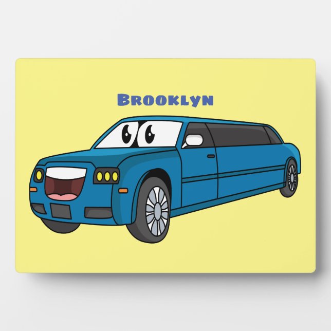 Cute happy blue Limousine cartoon car  Plaque (Front)