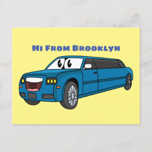 Cute happy blue Limousine cartoon car  Postcard