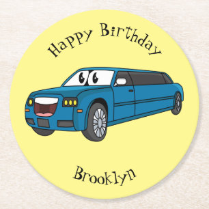 Cute happy blue Limousine cartoon car Round Paper Coaster