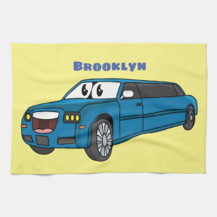 Cute happy blue Limousine cartoon car Tea Towel