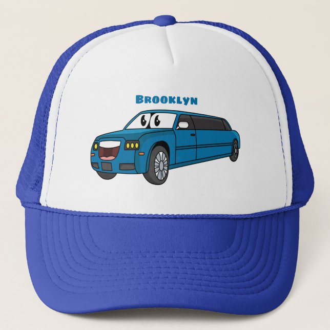 Cute happy blue Limousine cartoon car Trucker Hat (Front)