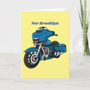 Cute happy blue motorcycle cartoon card