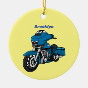 Cute happy blue motorcycle cartoon ceramic ornament