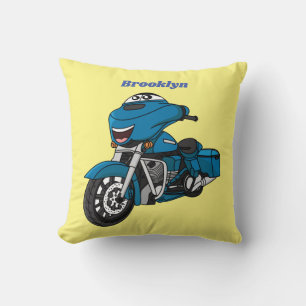 Cute happy blue motorcycle cartoon cushion