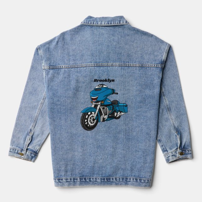 Cute happy blue motorcycle cartoon denim jacket (Back)