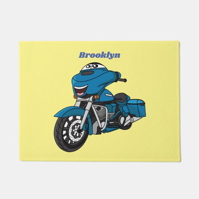 Cute happy blue motorcycle cartoon doormat (Front)