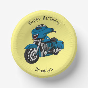 Cute happy blue motorcycle cartoon paper plate