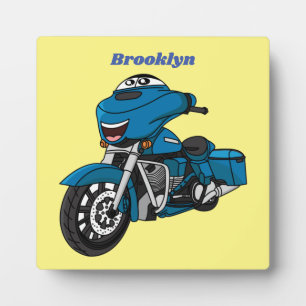Cute happy blue motorcycle cartoon plaque