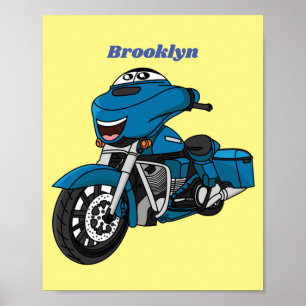 Cute happy blue motorcycle cartoon poster