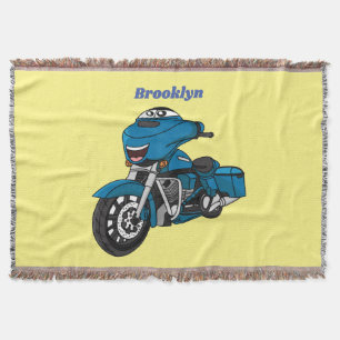 Cute happy blue motorcycle cartoon throw blanket