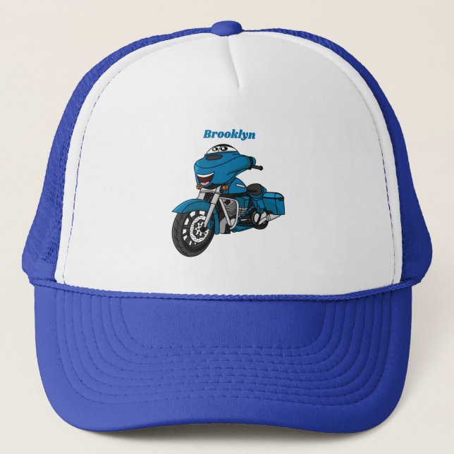 Cute happy blue motorcycle cartoon trucker hat (Front)
