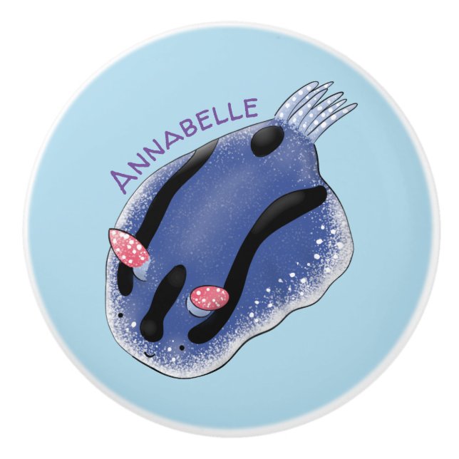 Cute happy blue nudibranch cartoon illustration ceramic knob (Front)