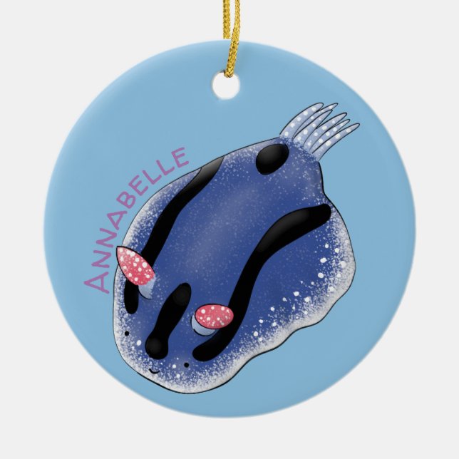 Cute happy blue nudibranch cartoon illustration ceramic ornament (Front)