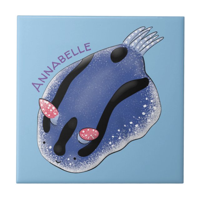 Cute happy blue nudibranch cartoon illustration ceramic tile (Front)