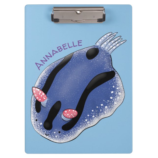 Cute happy blue nudibranch cartoon illustration clipboard (Front)