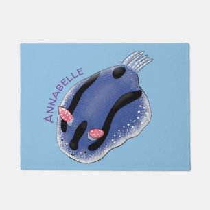 Cute happy blue nudibranch cartoon illustration doormat