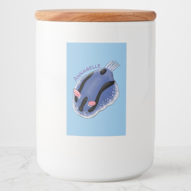Cute happy blue nudibranch cartoon illustration food label (Front)