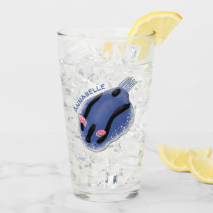 Cute happy blue nudibranch cartoon illustration glass