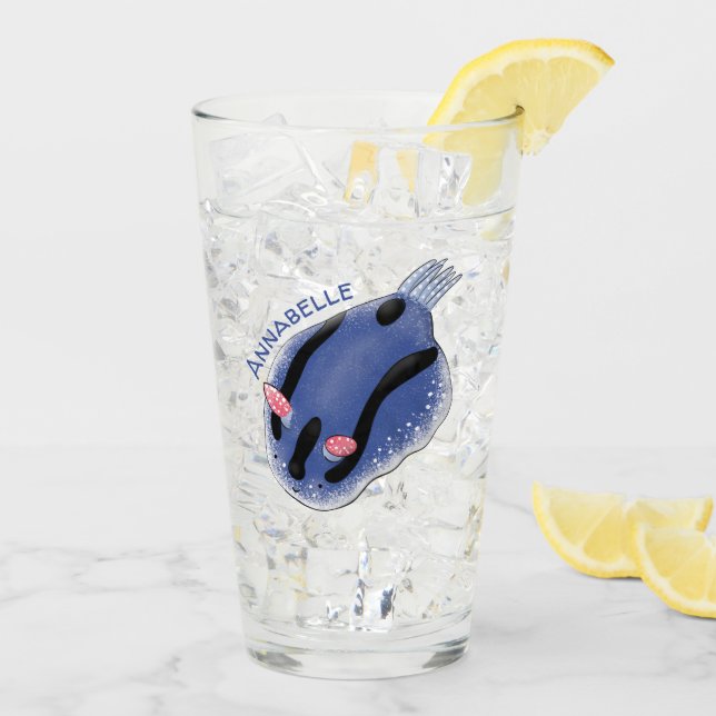Cute happy blue nudibranch cartoon illustration glass (Back Ice)