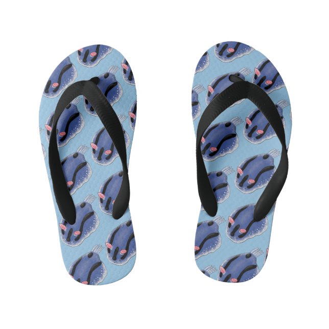 Cute happy blue nudibranch cartoon illustration kid's thongs (Footbed)