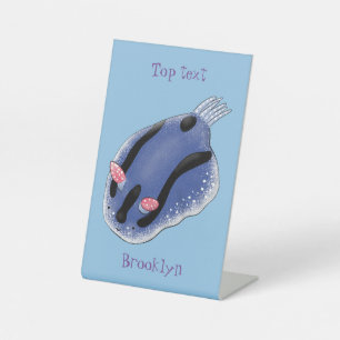 Cute happy blue nudibranch cartoon illustration pedestal sign