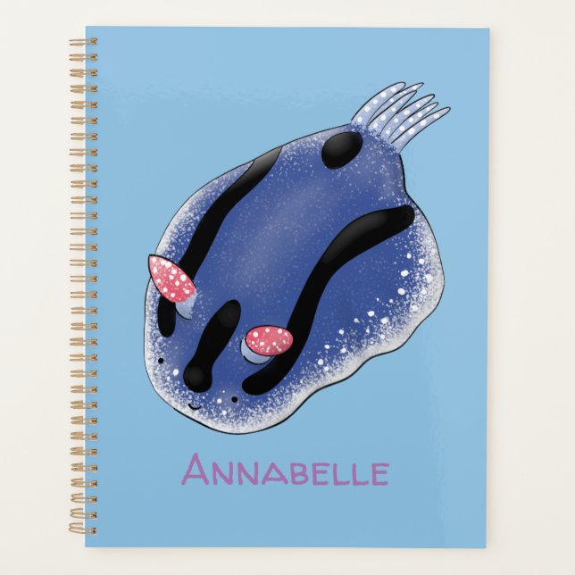 Cute happy blue nudibranch cartoon illustration planner (Front)