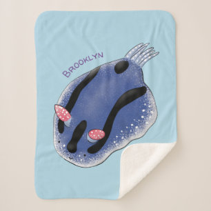 Cute happy blue nudibranch cartoon illustration sherpa blanket