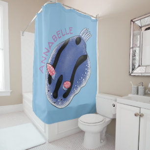 Cute happy blue nudibranch cartoon illustration shower curtain