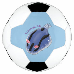 Cute happy blue nudibranch cartoon illustration soccer ball