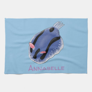Cute happy blue nudibranch cartoon illustration tea towel