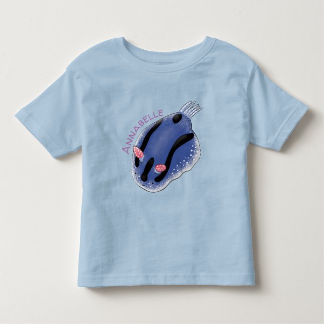 Cute happy blue nudibranch cartoon illustration toddler T-Shirt (Front)