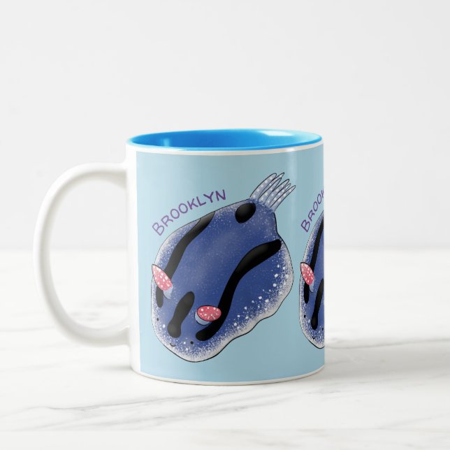Cute happy blue nudibranch cartoon illustration Two-Tone coffee mug (Left)