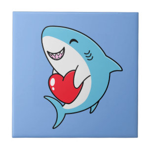 Cute Happy Blue Shark Holding a Red Heart Ceramic Tile