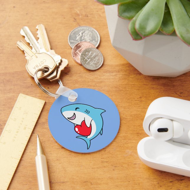 Cute Happy Blue Shark Holding a Red Heart Key Ring (Desk)