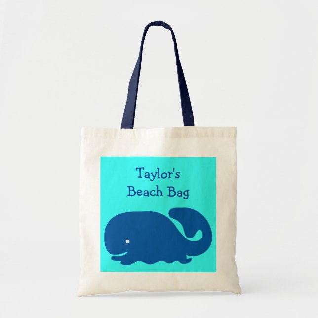 Cute Happy Blue Whale Beach Bag Kids Custom Name (Front)