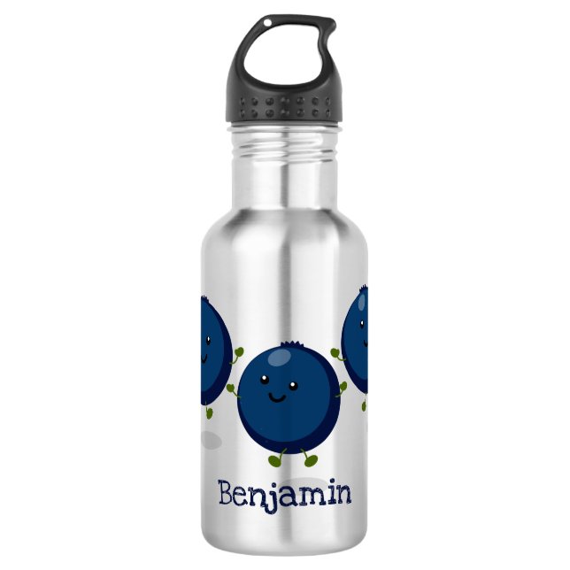 Cute happy blueberries purple cartoon illustration 532 ml water bottle (Front)