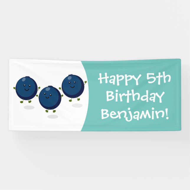 Cute happy blueberries purple cartoon illustration banner (Horizontal)