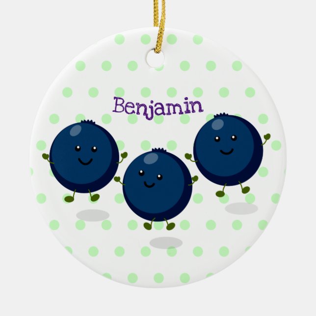 Cute happy blueberries purple cartoon illustration ceramic ornament (Front)