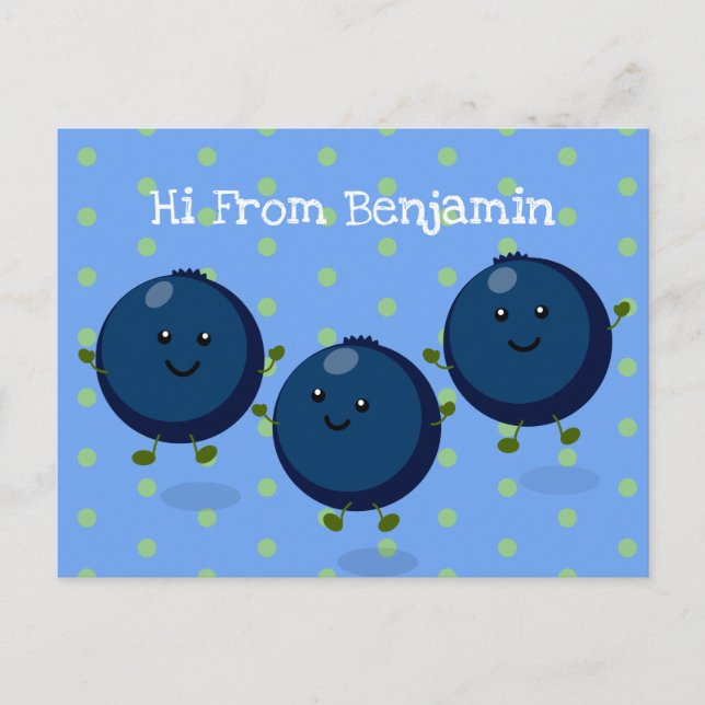 Cute happy blueberries purple cartoon illustration postcard (Front)