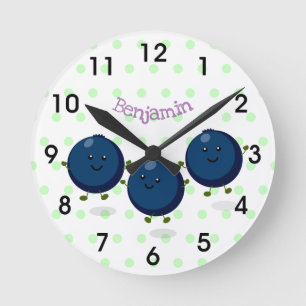Cute happy blueberries purple cartoon illustration round clock