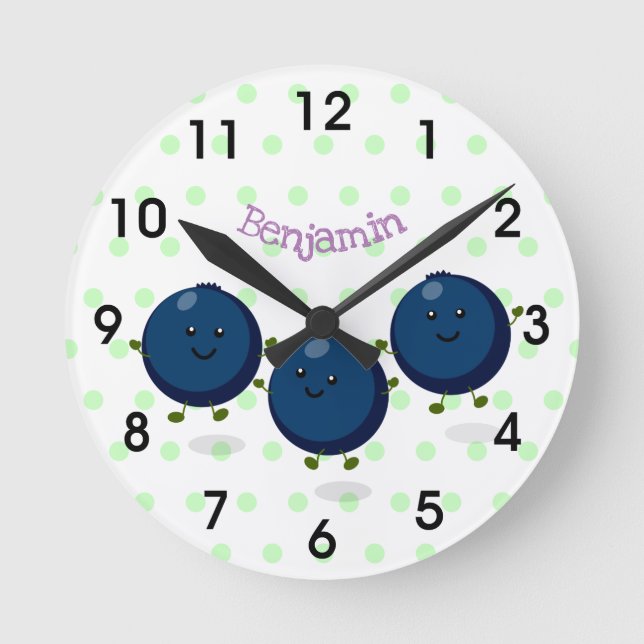 Cute happy blueberries purple cartoon illustration round clock (Front)