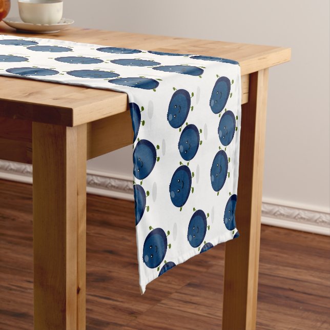 Cute happy blueberries purple cartoon illustration short table runner (In Situ)