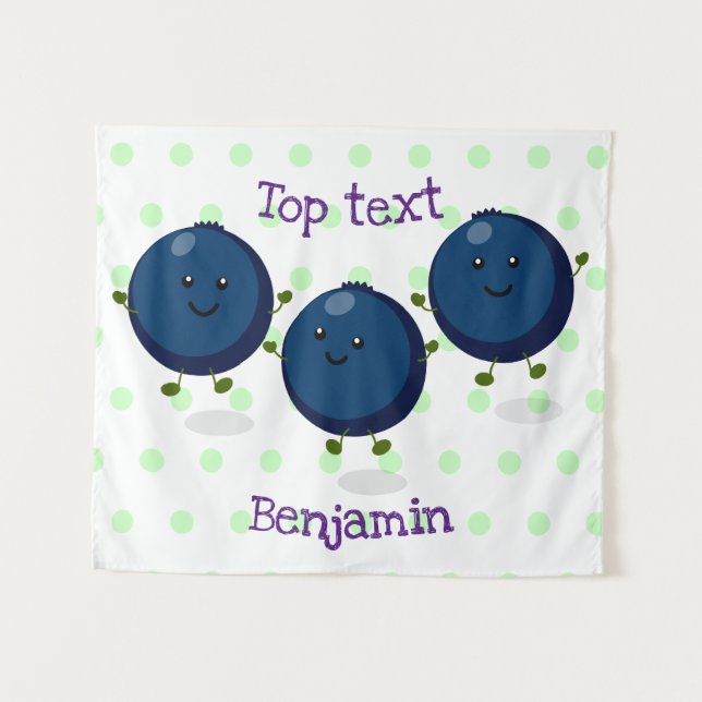 Cute happy blueberries purple cartoon illustration tapestry (Front (Horizontal))